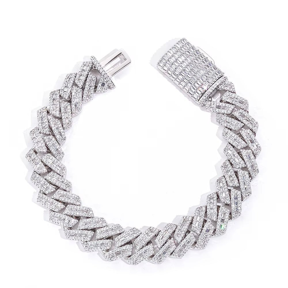 Heavy Duty Cuban Chain 925 Silver Bracelet Flip Buckle Iced VVS Moissanite Baguette Inlay Hip Hop Jewelry - MCROONS.COM