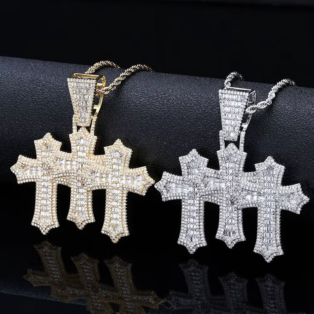 High Quality 3 - In - 1 Micro Pave Bling Baguette Cubic Zirconia Cross Pendant Silver Gold Plated Brass Diamond Charm Pendants - MCROONS.COM