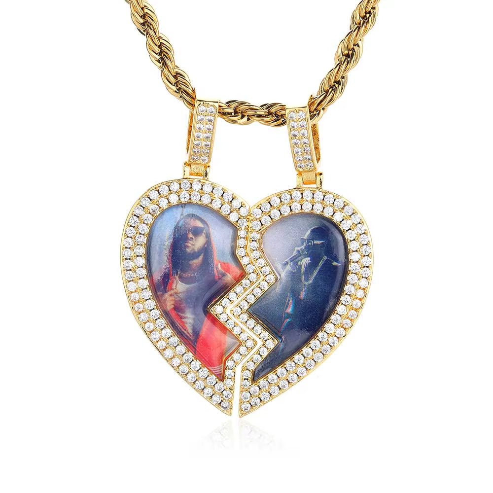 Hip Hop Fine Jewelry Iced Out Broken Heart Charm Photo Necklace White Gold Plated Custom Memory Photo Frame Pendant - MCROONS.COM