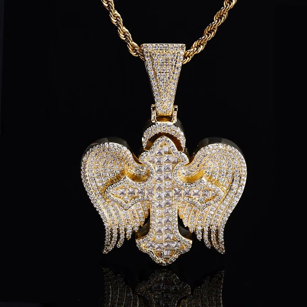 Hip Hop Jewelyr Iced Out Diamond Cross Pendant White Gold Full Pave Shiny Zircon Angel Wings Cross Pendant for Gift - MCROONS.COM