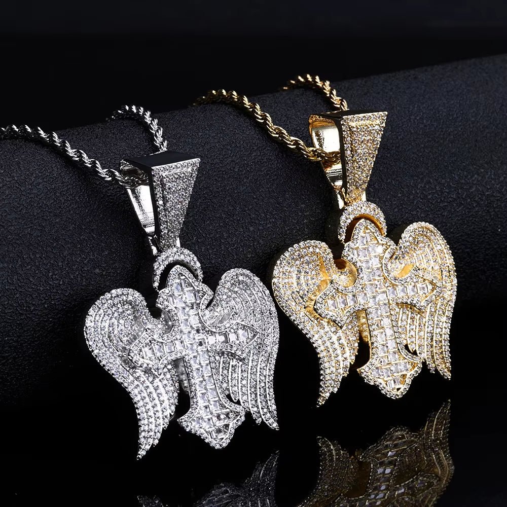 Hip Hop Jewelyr Iced Out Diamond Cross Pendant White Gold Full Pave Shiny Zircon Angel Wings Cross Pendant for Gift - MCROONS.COM