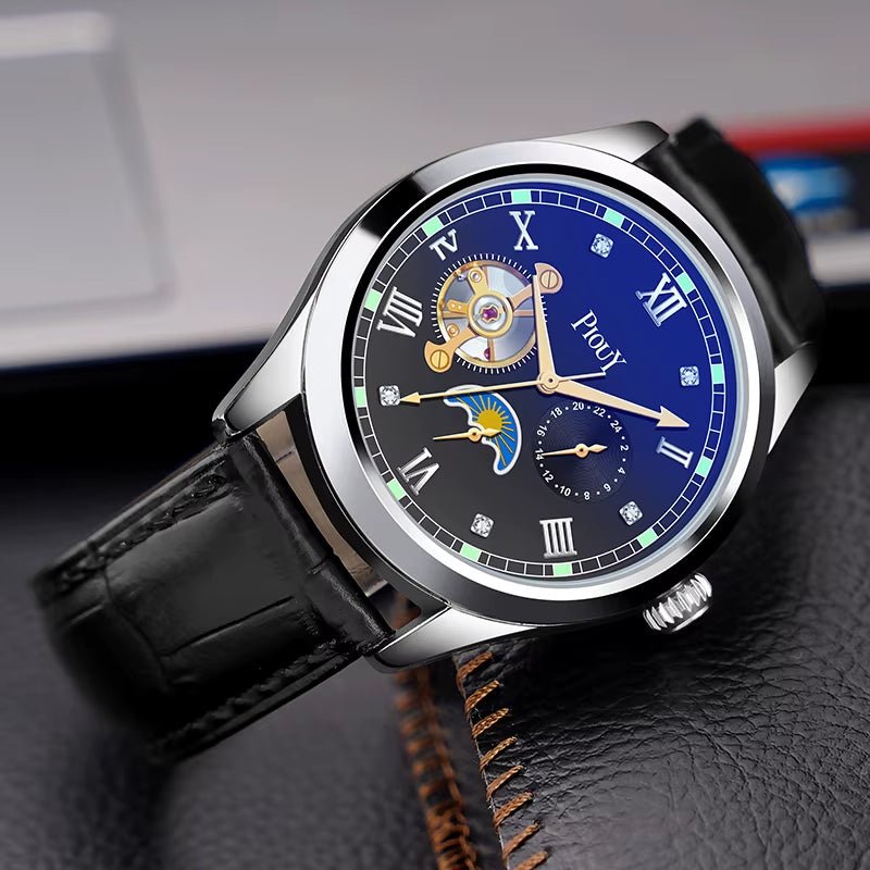 PIOUY D Moon Phase Skeleton Mechanical Wrist Watch Mens Luxury Automatic Tourbillon Genuine Leather Strap Wristwatch - MCROONS.COM
