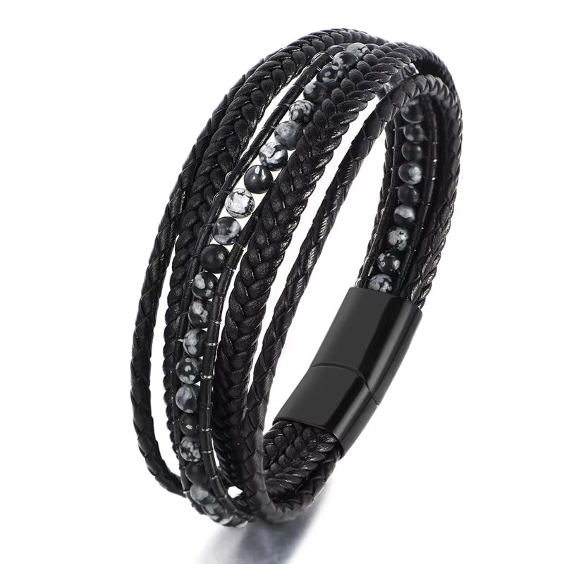 Wholesale Mens Bead Bracelets Stainless Steel Handmade Woven Leather Bracelet Men - MCROONS.COM