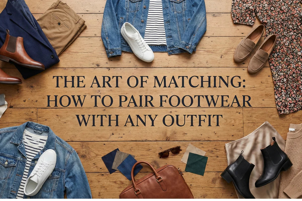 Various clothing and footwear styles arranged on a wooden floor with text: The Art of Matching: How to Pair Footwear with Any Outfit