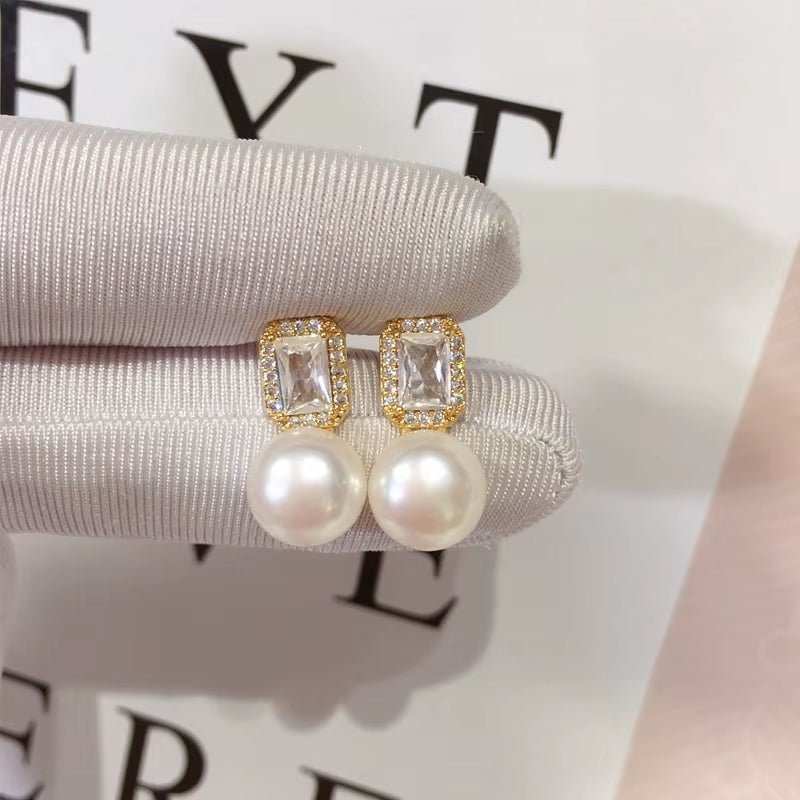 2024 Wholesale Women'S Natural Pearl Stud Earrings 18K Gold Plated Square Zircon Silver Needle Jewelry - MCROONS.COM