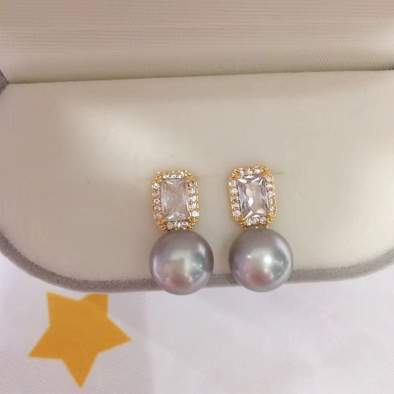 2024 Wholesale Women'S Natural Pearl Stud Earrings 18K Gold Plated Square Zircon Silver Needle Jewelry - MCROONS.COM