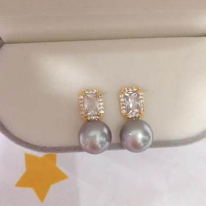 2024 Wholesale Women'S Natural Pearl Stud Earrings 18K Gold Plated Square Zircon Silver Needle Jewelry - MCROONS.COM