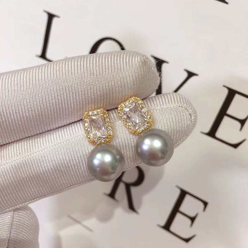 2024 Wholesale Women'S Natural Pearl Stud Earrings 18K Gold Plated Square Zircon Silver Needle Jewelry - MCROONS.COM