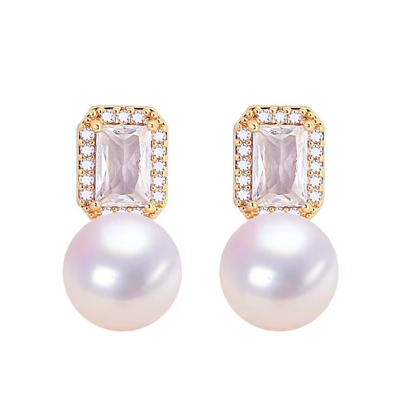 2024 Wholesale Women'S Natural Pearl Stud Earrings 18K Gold Plated Square Zircon Silver Needle Jewelry - MCROONS.COM