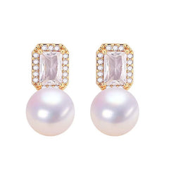 2024 Wholesale Women'S Natural Pearl Stud Earrings 18K Gold Plated Square Zircon Silver Needle Jewelry