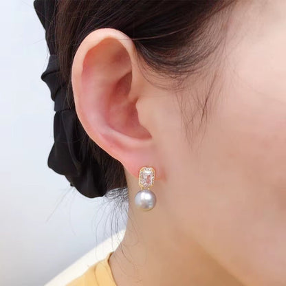 2024 Wholesale Women'S Natural Pearl Stud Earrings 18K Gold Plated Square Zircon Silver Needle Jewelry - MCROONS.COM
