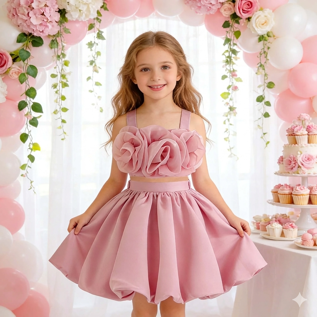 Little Girl's Pink Princess Ball Gown Dress Children's Flower Birthday Outfit Made From Chiffon O-Neckline Kids Party Dress