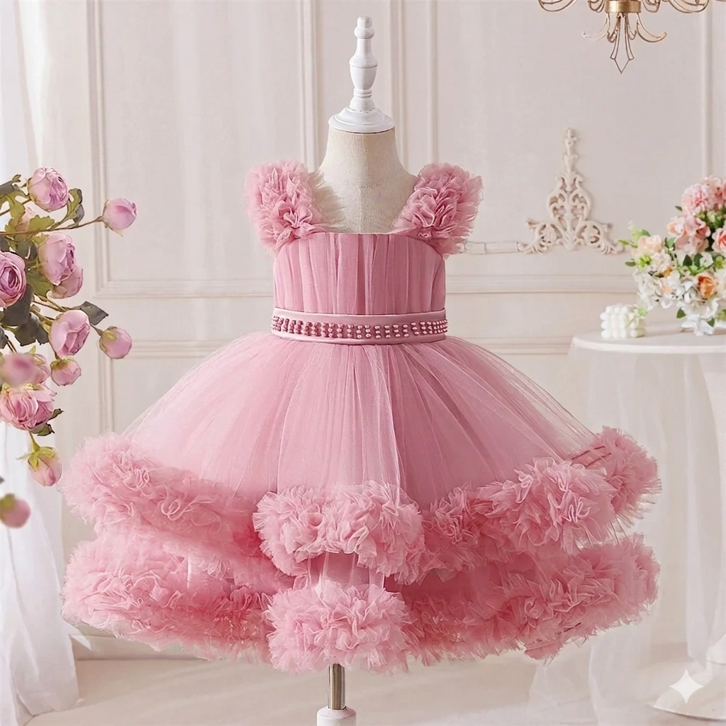 Floral Satin Kids Dresses for Girls O-Neck Formal Party and Birthday Knee-Length Beautiful Flower Girls Dress.