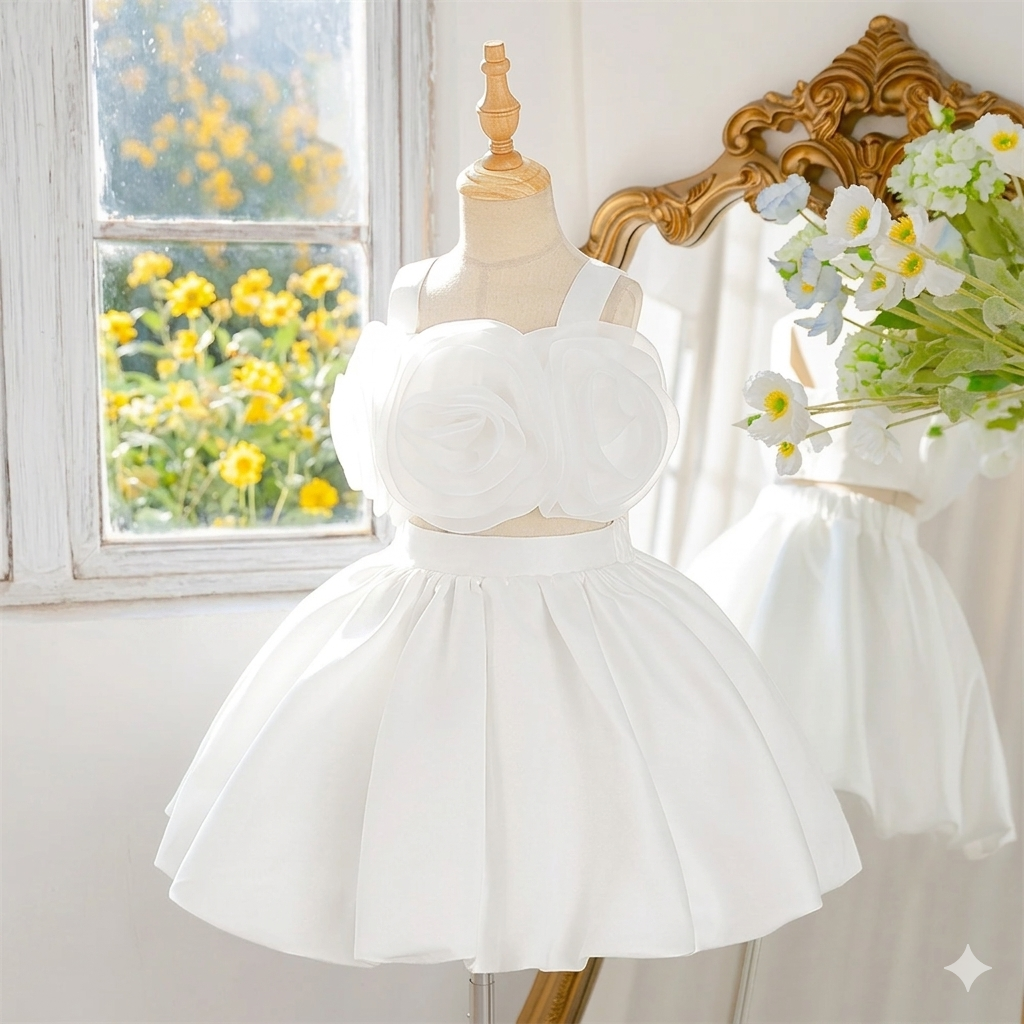 Little Girl's Pink Princess Ball Gown Dress Children's Flower Birthday Outfit Made From Chiffon O-Neckline Kids Party Dress