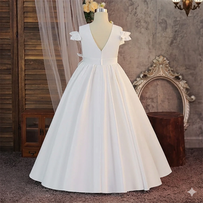 White Satin Kids Formal Ball Gown O-Neck Princess Flower Girls Kids Birthday Parties Summer Knee-Length Dress.