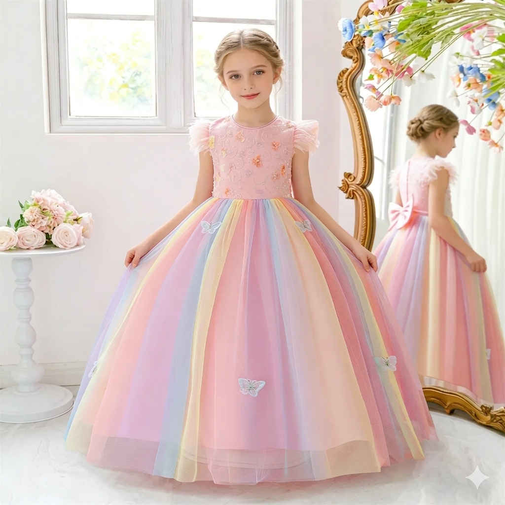 Girl's Birthday Party Pageant Formal Dress New Style Satin Ball Gown with O-Neckline Decorated with Pattern ALP622