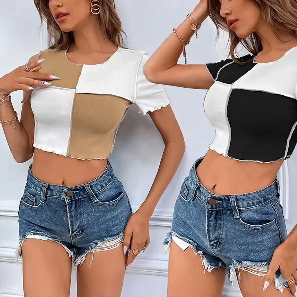 Clothing Manufacturers Custom Summer Floral Cross Crop Tops Women Cropped Slim Short Sleeve O Neck Casual Short Knitted T Shirts