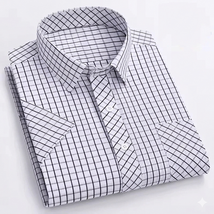 Men's 100% Cotton Plaid Dress Single Breasted Mandarin Knitted Design Wrinkle-Resistant Anti-Pilling Business Casual Style for