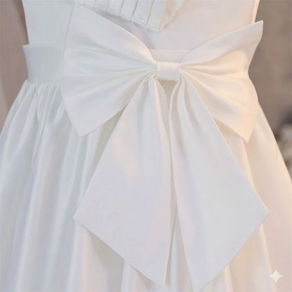 White Satin Kids Formal Ball Gown O-Neck Princess Flower Girls Kids Birthday Parties Summer Knee-Length Dress.
