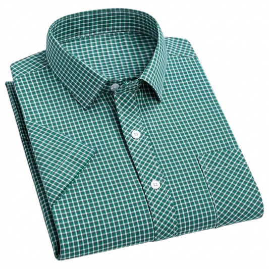 Men's 100% Cotton Plaid Dress Single Breasted Mandarin Knitted Design Wrinkle-Resistant Anti-Pilling Business Casual Style for
