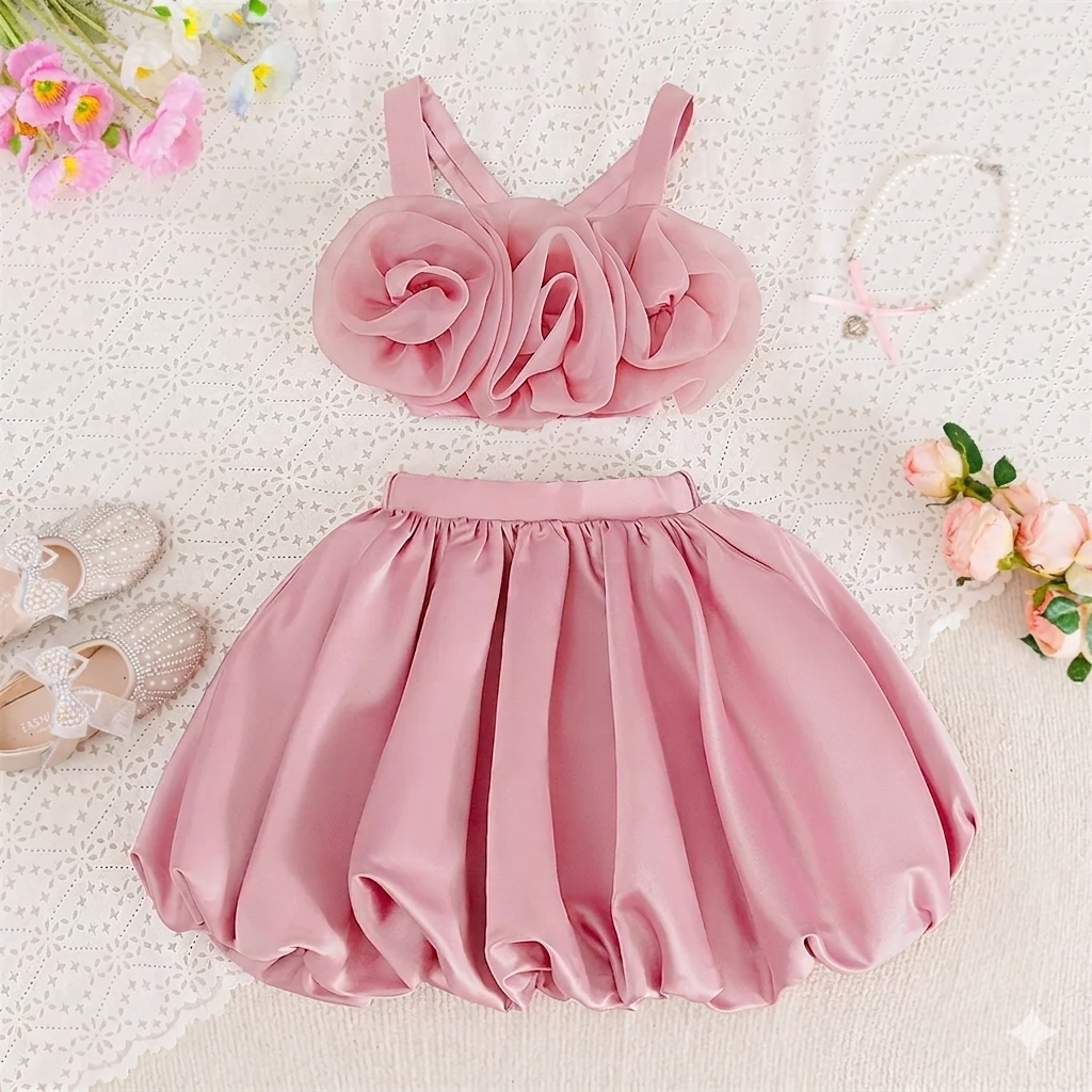 Little Girl's Pink Princess Ball Gown Dress Children's Flower Birthday Outfit Made From Chiffon O-Neckline Kids Party Dress
