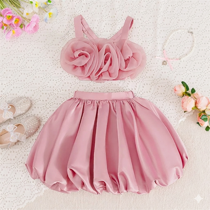 Little Girl's Pink Princess Ball Gown Dress Children's Flower Birthday Outfit Made From Chiffon O-Neckline Kids Party Dress