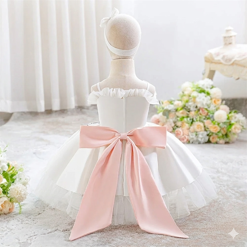 Girls' Sweet Style O-Neck Satin Dress with Floral Mesh Skirt and Belt Bow Decorated Knee-Length Summer Dress for Children