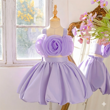 Little Girl's Pink Princess Ball Gown Dress Children's Flower Birthday Outfit Made From Chiffon O-Neckline Kids Party Dress