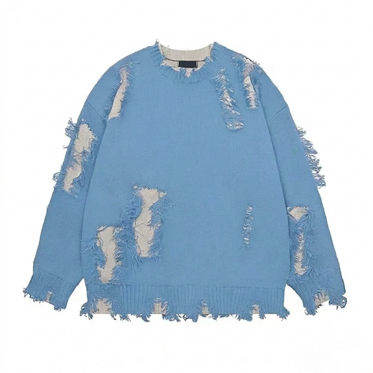 Custom for Men Casual Fashion Crew Neck Autumn Nit Sweaters Pullover Navy Blue Ripped Streetwear Long Sleeve Jacquard Sweaters