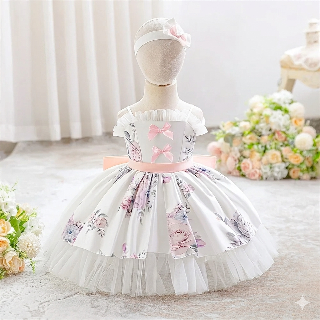 Girls' Sweet Style O-Neck Satin Dress with Floral Mesh Skirt and Belt Bow Decorated Knee-Length Summer Dress for Children