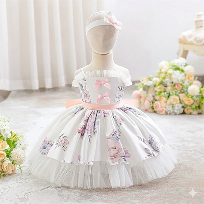 Girls' Sweet Style O-Neck Satin Dress with Floral Mesh Skirt and Belt Bow Decorated Knee-Length Summer Dress for Children