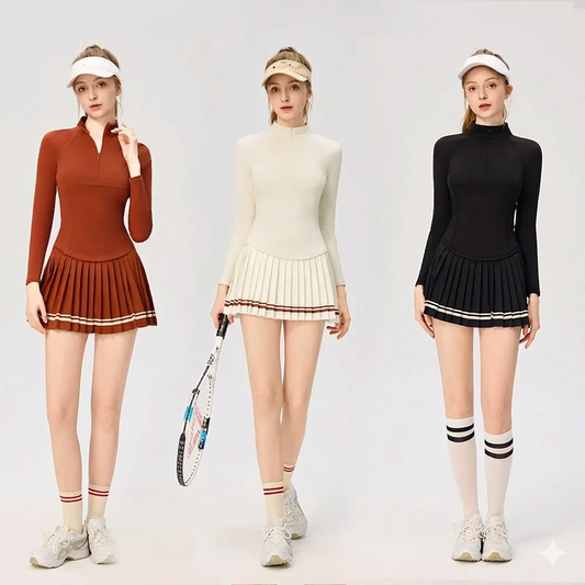 Custom Logo Stand Collar Long Sleeve Shirts 2 in 1 Pleated Skirt Set Golf Tennis Padel Set with Pockets Stylish Luxury Yoga Sets