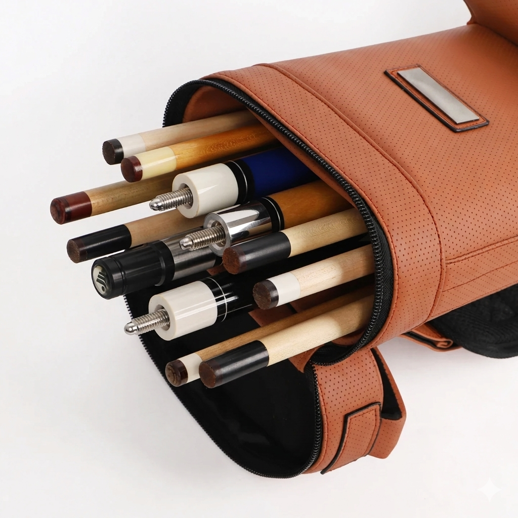 4 Butts 8 Shafts Waterproof Leather Hard Pool Cue Case — Travel Tournament Cue Carrier | Unisex | Black, Dark Grey, Khaki, Green and Brown