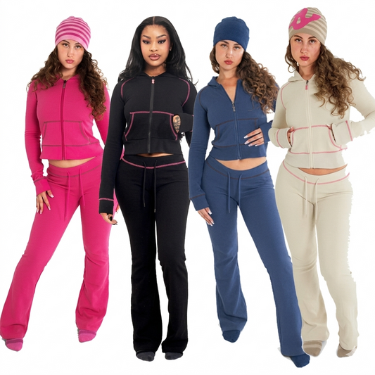 High Quality Lounge Wear Women Clothing Cropped Jacket With Sleek Essence Flared Lace Trim Leggings Women Jacket Two 2Pieces Set