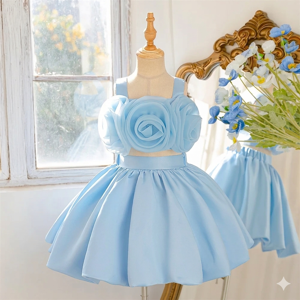 Little Girl's Pink Princess Ball Gown Dress Children's Flower Birthday Outfit Made From Chiffon O-Neckline Kids Party Dress
