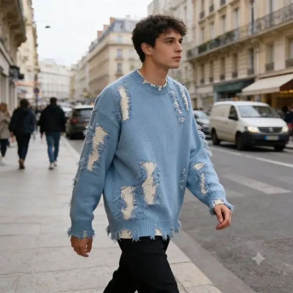 Custom for Men Casual Fashion Crew Neck Autumn Nit Sweaters Pullover Navy Blue Ripped Streetwear Long Sleeve Jacquard Sweaters