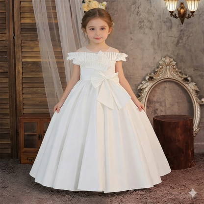 White Satin Kids Formal Ball Gown O-Neck Princess Flower Girls Kids Birthday Parties Summer Knee-Length Dress.
