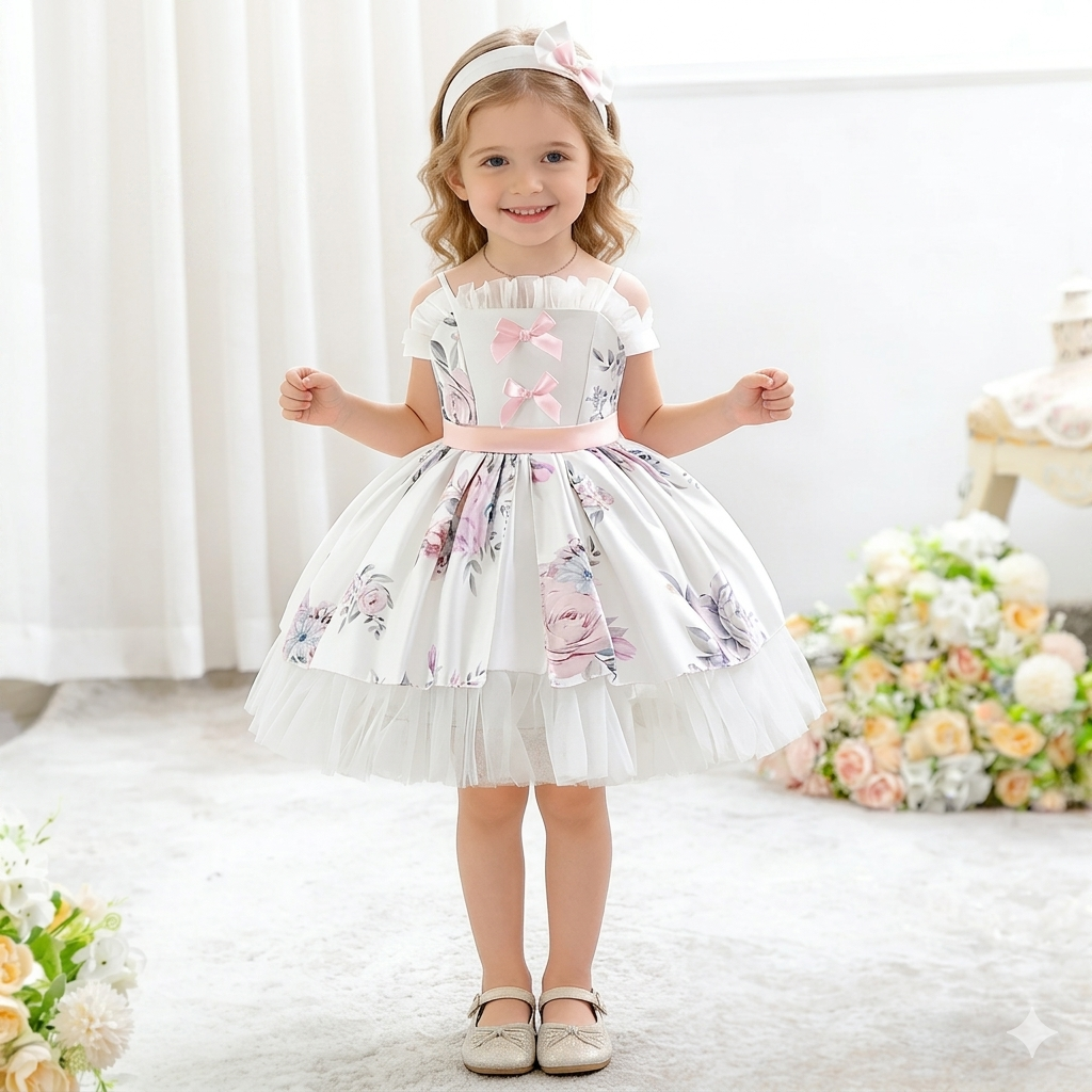 Girls' Sweet Style O-Neck Satin Dress with Floral Mesh Skirt and Belt Bow Decorated Knee-Length Summer Dress for Children