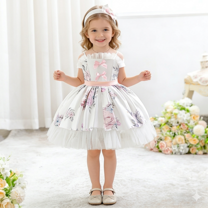 Girls' Sweet Style O-Neck Satin Dress with Floral Mesh Skirt and Belt Bow Decorated Knee-Length Summer Dress for Children