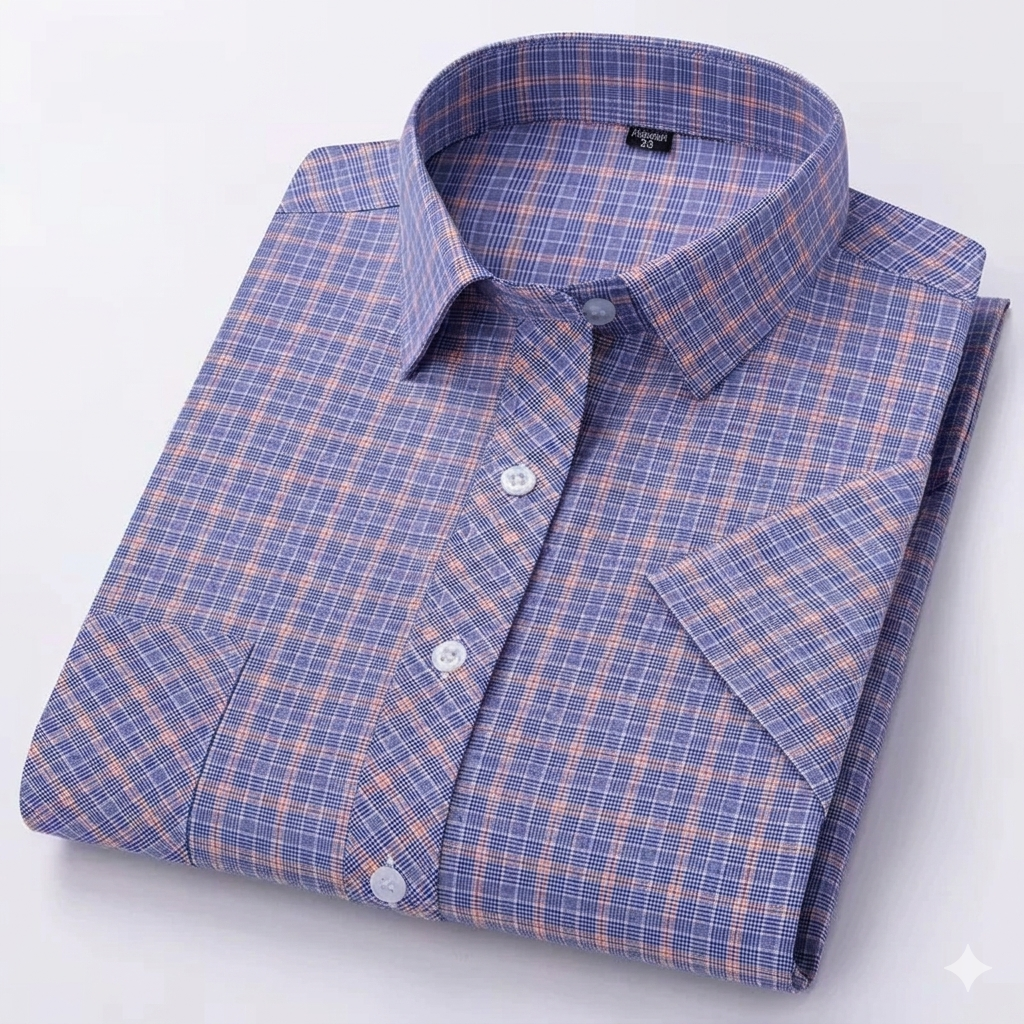 Men's 100% Cotton Plaid Dress Single Breasted Mandarin Knitted Design Wrinkle-Resistant Anti-Pilling Business Casual Style for