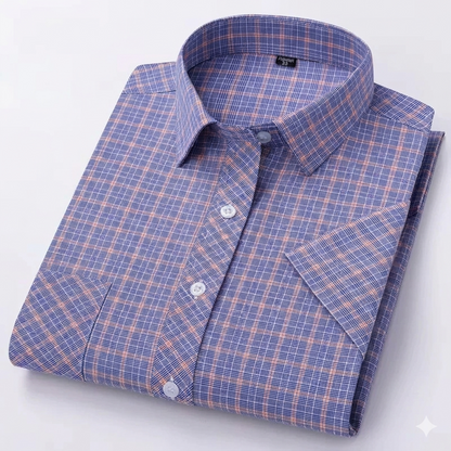 Men's 100% Cotton Plaid Dress Single Breasted Mandarin Knitted Design Wrinkle-Resistant Anti-Pilling Business Casual Style for