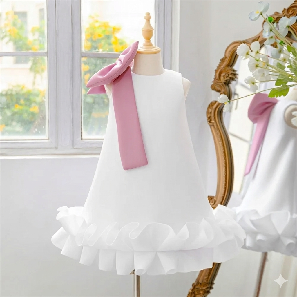 Princess Satin Dress Floral Bow for Infants Collar Sweet Style for Girls' Birthday Parties Mesh Material Summer Kids Party Dress
