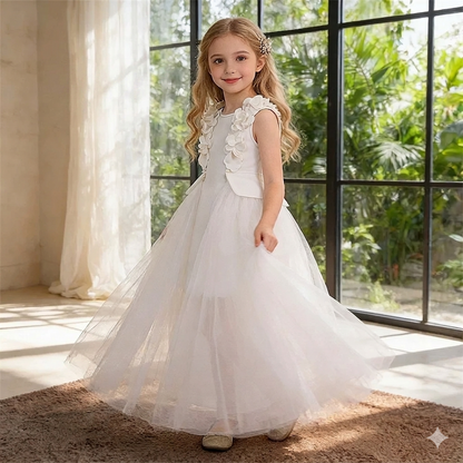 White Princess Satin Ball Gown Kids Dress for Christening Hot Sale Knee-Length Flower Bow O-Neck for Girl Pageant Tailing.