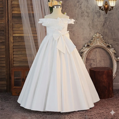 White Satin Kids Formal Ball Gown O-Neck Princess Flower Girls Kids Birthday Parties Summer Knee-Length Dress.