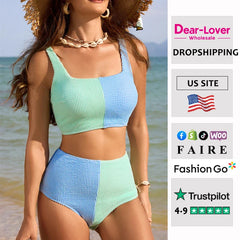 Dear-Lover  Women Black Corded Solid Square Neck Swimsuit Bikini Swimwear