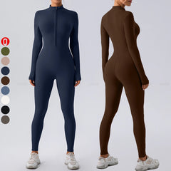 2025 New Women Soft One Piece Long Sleeve Front Half Zipper Yoga Jumpsuit Outdoor Fitness Stretchy Compression Gym Bodysuits