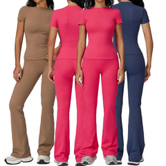 New Ladies' Quick-Drying Fitness Suit Above Knee Yoga Top Bell Bottom Running Shorts Naked Style Short Sleeves for Summer Sports