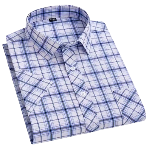 Men's 100% Cotton Plaid Dress Single Breasted Mandarin Knitted Design Wrinkle-Resistant Anti-Pilling Business Casual Style for