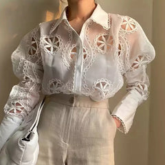 Custom Loose Women Elegant White Cotton Monki Ladies's Modest Sexy Hollow Out Casual Women Blouses Shirts Clothing Manufacturers