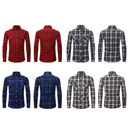 Men's High-End Vintage Style Plaid Flannel Shirt Long Sleeved Double Pocket Fashionable Print Cotton Casual Shirt Anti-Wrinkle